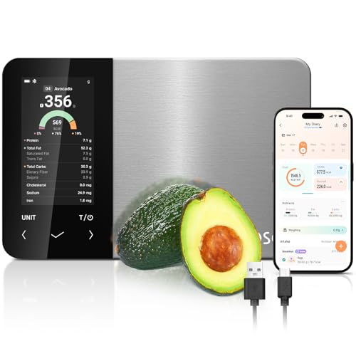 Cosori Báscula inteligente de alimentos de cocina, aplicación gratuita con amplia base de datos de alimentos del Reino Unido, báscula de conteo de calorías premium, pantalla a color transparente
