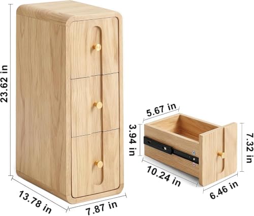 Image of Narrow Nightstand Set of 2, Small Bedside Table with 3 Drawers, Mid Century Modern Skinny Nightstand with Storage, Wood Slim Side Table for Bedroom, Living Room (Natural-2pcs)