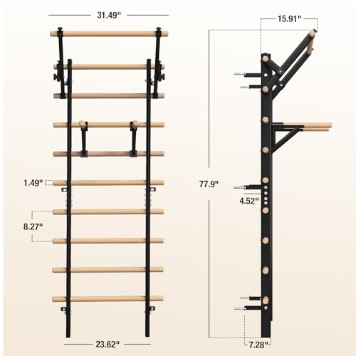 GMWD Swedish Ladder Wood Stall Bar, Suspension Trainer with Pull-Up Bar and Dip Bar Attachments, Wooden Stall Bar with 9 Strategic Rods for Core Strengthening Blue