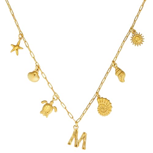 Waterproof Charm Necklace for Women 18K Gold Stainless Steel Beach Seashell Initial Pendant Cute Dainty Trendy Jewelry Gift Paperclip Chain 16+3 Inch