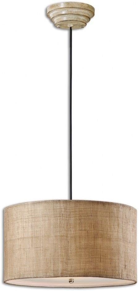 Antiqued Burlap Drum Pendant Light with Frosted Glass