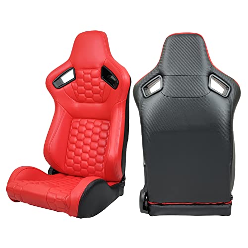 Image of IKON MOTORSPORTS, Universal Racing Seats with Dual Sliders, Reclinable Brown PU + Carbon Leather with Hexagonal Quilting Sport Bucket Seats, 1 Pair Driver + Passenger Side