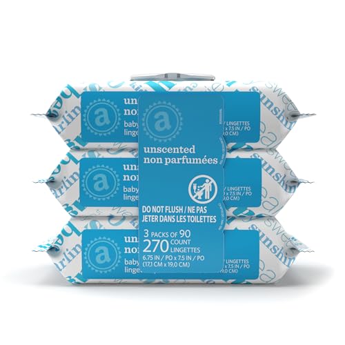 Amazon Elements Baby Wipes Unscented Hypoallergenic Alcohol-Free With Aloe and Vitamin E 270 Count Flip-Top Packs