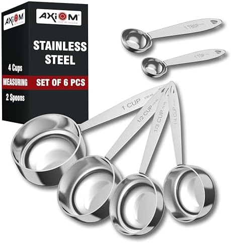 AXIOM Stainless Steel Measuring Set of 6 pcs. 4 Stackable Measuring Cups and 2 Stackable Measuring Spoons with Measurement Engraving Handle for Baking & Cooking