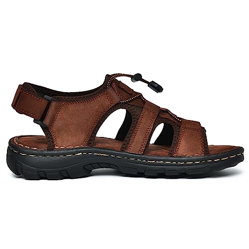 Mens Open Toe Athletic Sandals Nubuck Coffee Brown Leather Upper Men's Summer Casual Sandal Shoe for Beach Sports Outdoor Adventures Size 143
