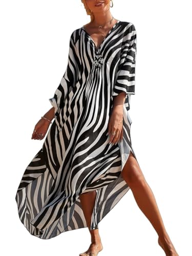 Image of IMAGEKOPE Women's Plus Size Animal Print V-Neck Batwing Kaftan Beach Dress Bathing Suit Cover-Up Loungewear
