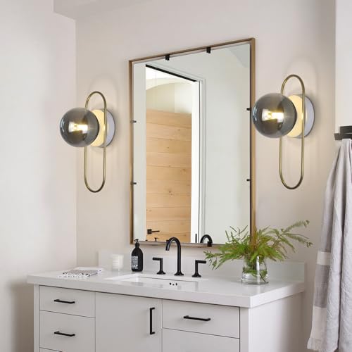 Image of Modern Farmhouse Sconces Wall Lighting Brushed Gold Globe Wall Sconce Smoked Glass Bathroom Vanity Light Brass Sconces Hard Wired
