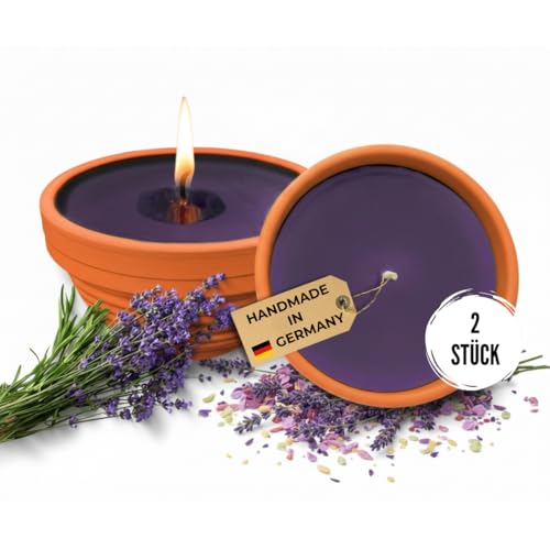Lavalis 2x Lavendel Duftkerze, 20 h Brenndauer, handbefüllt aus recyceltem Wachs in Terrakotta-Schale, stimmungsvolle Weihnachts- & Krippendeko, 5 cm, Ø 11,5 cm
