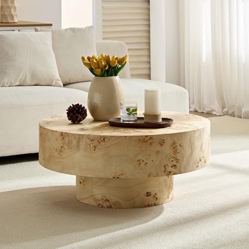 WILLIAMSPACE 31.49" Round Coffee Table with Burl Wood Veneer & Pe...