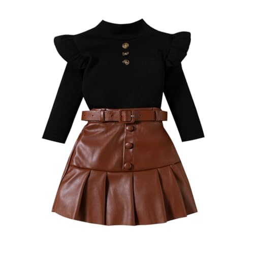 Image of Fernvia Toddler Baby Girl Fall Outfits Ruffles Long Sleeve Tops and Leather Pleated Skirt Set for Baby 2Pcs Clothes Set