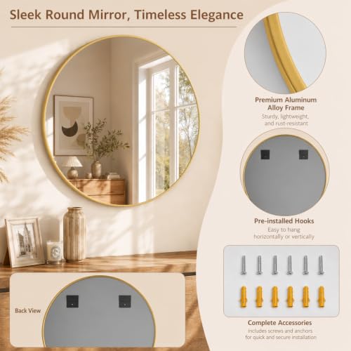 Image of Easly 40 Inch Round Mirror, Gold Metal Frame Wall Mirror for Bathroom | Aluminum Alloy Frame Wall Mirror with High-Definition Lense for Entryway, Living Room, Vanity, Bedroom