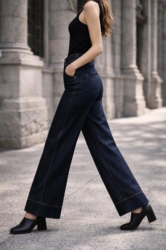 Image of Ben Martin Dark Blue Baggy Jeans for Women | Koren Style | Women,'s Loose Jean | High Waist Wide Leg Denim Jeans | Oversized Jean's for Womenss | Straight Fit Daily Casual Office Wear Women's Jeans