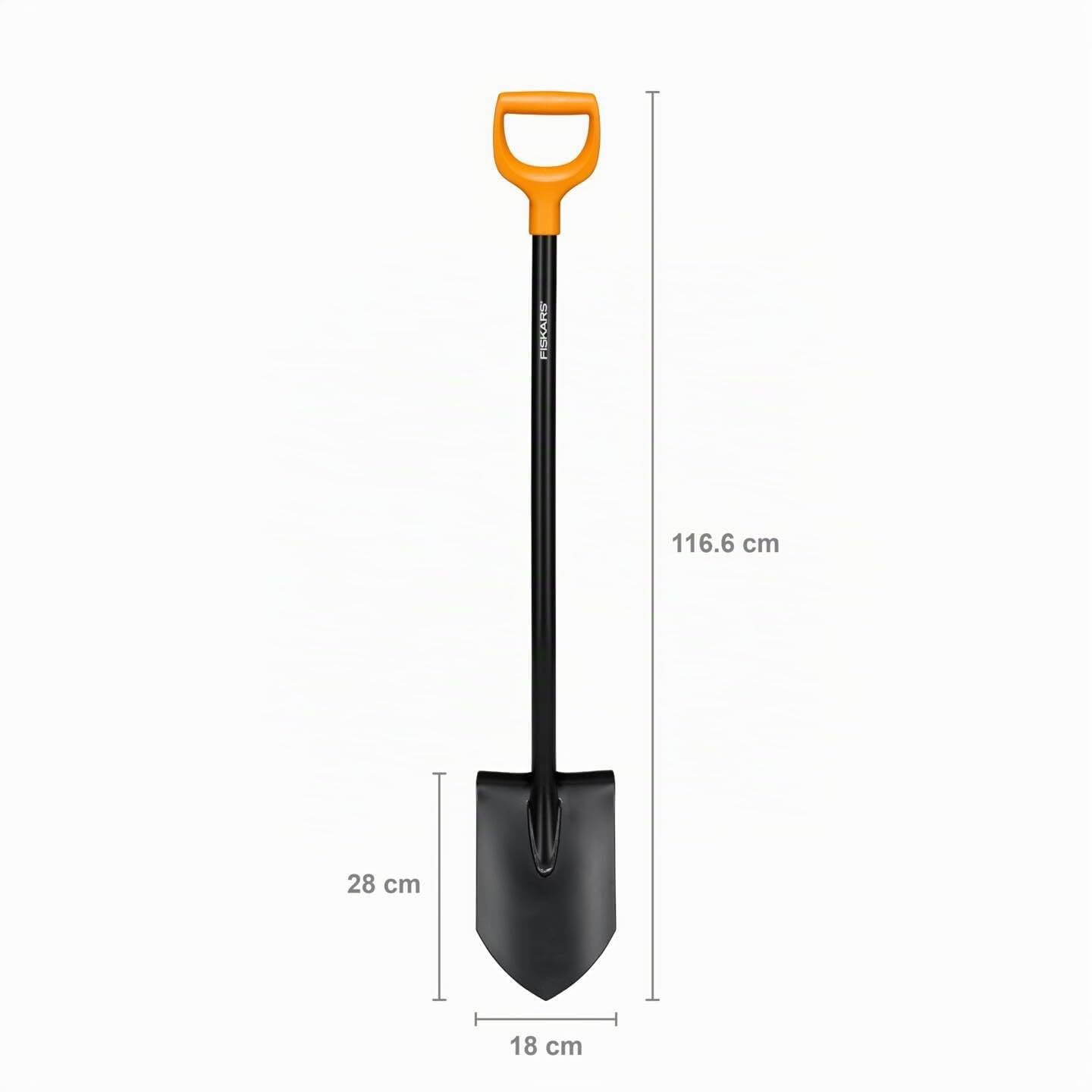 Fiskars Bêche à bord rond pour sols meubles et peu caillouteux, Longueur : 116,6 cm, Lame en acier/Poignée en plastique de haute qualité, Noir/Orange, Solid, 1066716