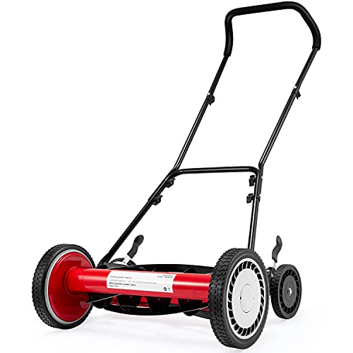 YOLENY Lawn Mower, 18-Inch 5-Blade Push Manual Reel Mower, 9 Position Height Adjustment, Easy Control, for Garden, Red , 4 Wheeled