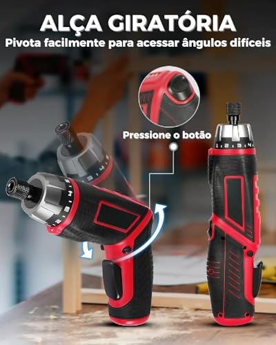 Parafusadeira Elétrica Recarregável Sem Fio Bivolt com 47 Peças, Maleta de Transporte, Cabo Giratóri