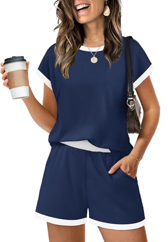 Desol Airport Outfits for Women Lounge Wear Sets Coord Short Sleeve Shirt and Shorts Suits Tracksuit Sweatsuit Casual Navy Blue XL
