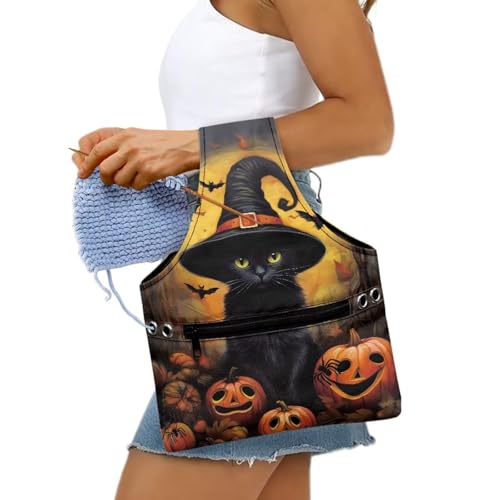 Image of KUIFORTI Pumpkin Knitting Yarn Bag Black Cat Crochet Bags for Women Knitting Needles, Yarns and Unfinshed Project, Crochet Hook Organizer Halloween Holiday Decoration