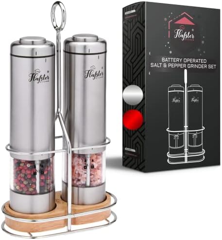 Electric Salt and Pepper Shakers Set - Electric Salt and Pepper Grinder Set with Light - Battery Operated Salt and Pepper Mills with Stand - Refillable Pepper Grinders with Adjustable Coarseness