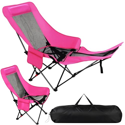 Hot Pink Reclining Camping Chair with Footrest, Portable Folding Lounge Chair, 4-Position Adjustable Folding Camping Chair With Headrest & Storage Bag for Outdoor Lawn, Hiking, Picnic, Fishing