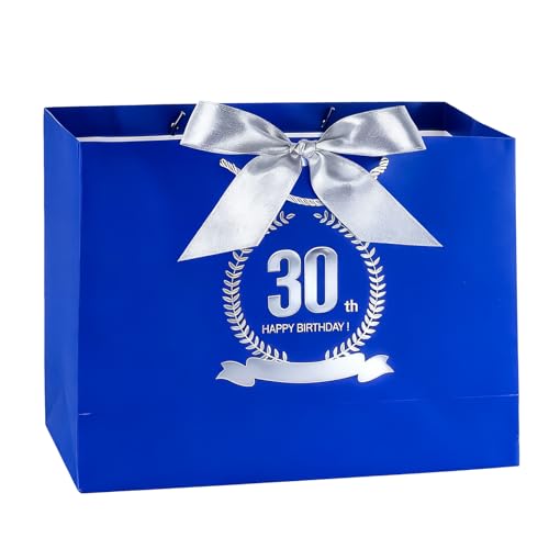 Yiran 30th Birthday Gift Bag with Handles and Ribbon for Mens Gifts Wrapping, Blue and Silvery Large Handbag Paper Gift Bags, Happy 30th Birthday Party Decorations