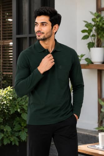 Image of CAMEY Men's Plain Solid Long Sleeve Polo T-Shirt | Regular Fit | Collared Casual Cotton Blend Tee with Chest Pocket | Everyday Comfort Wear