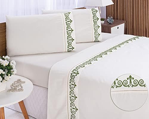 Jogo de Lençol Bordado para Cama Queen ALGODÃO 400 Fios 4 peças (...