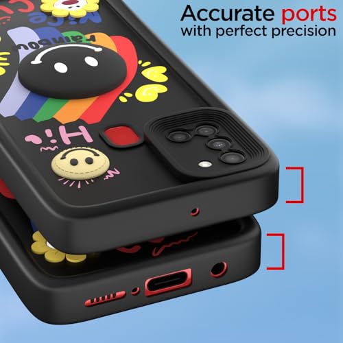 Image of Pikkme Back Cover for Samsung Galaxy A21s | Soft Silicone| Cute Rainbow Smile & 3D Cartoon Flower Design | Shockproof Raised Camera Protection Bumper Case (Black)