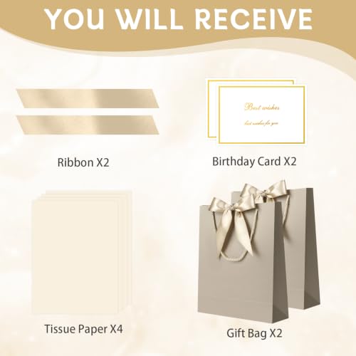 Image of JMANNI Gift Bag, 2PCS Gift Bags with Ribbon and 2 Greeting Cards 4 Tissue Paper, Portable Paper Gift Bag with Handles, Birthday Gift Bags,Present Bags for Wedding Party Mothers Day(Champagne)