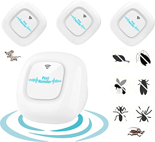 Anti-mosquitos elétrico, repelente ultra-sónico de pragas, repelente de moscas para interiores, mate, mosquitos, baratas, formigas, ratos, insetos, aranhas, roedores (4 peças)