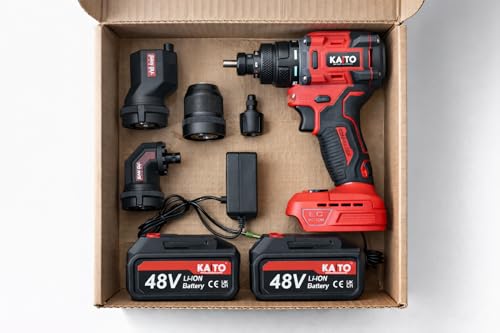 Image of KAITO 48V Cordless Hammer Drill Machine | Brushless Motor | 13MM Metal Removable Chuck | 2000 RPM & 128 Nm Torque | Includes 2 Li-ion Batteries, Charger & 4 Attachments