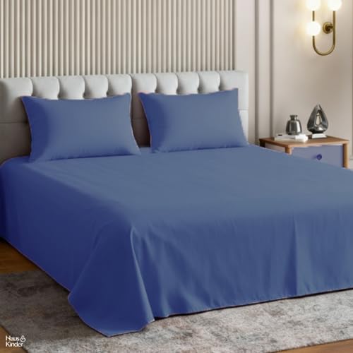 Image of haus & kinder Bedsheet King Size, 300 TC Cotton Sateen Weave, Flat Bedsheet for King Size Bed, Silky Smooth (Blue Haze, 108x108)