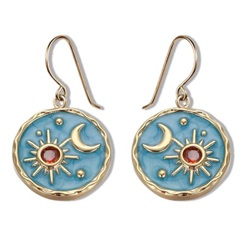MALOYANVE Vintage Sun and Moon Drop Dangle Earrings for Women Unique lightweight Handmade Retro Boho Antiqued Gold Silver Round Coin Earrings for Women Jewelry (Gold Blue Earrings)