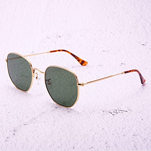 Image of Retro Glass Lens Hexagonal Sunglasses for Men Women Vintage Square Metal Frame Flat Lens Sun glasses