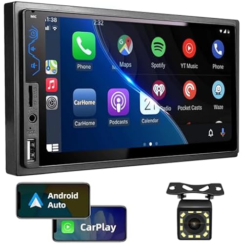 Double Din Car Stereo Compatible with Apple CarPlay and Android Auto - 7inch HD Touchscreen Car Audio Receivers with Bluetooth, FM, Mirror Link, Camera, SWC/USB/AUX/TF