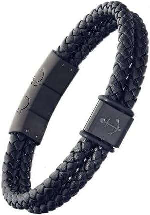 Link Up Men's Genuine Double Wrap Leather Woven Braided Bracelet- Nautical Anchor Detail Accent - Men’s Light-Weight Fashion Accessory with Secure Adjustable 3-Piece Steel Magnetic Closure, Fits 8.5” - 9” Wrists - Great Gift for Men