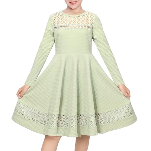 Image of Sunny Fashion Girls Dress Mint Green Crochet Lace Yoke Eyelet Knit Elegant Wedding Church Party Holiday Size 6 Years