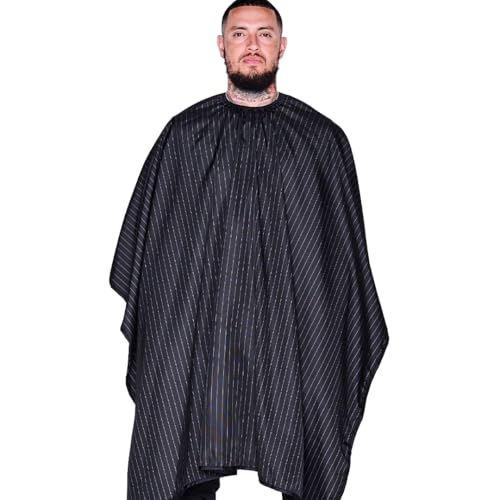 Barber Strong The Barber Cape, Hair Repelling and Static-Reducing Material, Flexible Elastic Neckband for Comfort, Water Resistant Fabric, Oversized for Complete Coverage, Black/White Stripe, 55 x 65
