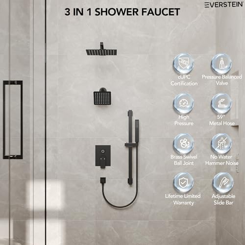 Image of 10 inch High-Pressure Rainfall Shower Faucet with Handheld Spray, Wall Mount Dual Shower Head System with Slide Bar (Matte Black)