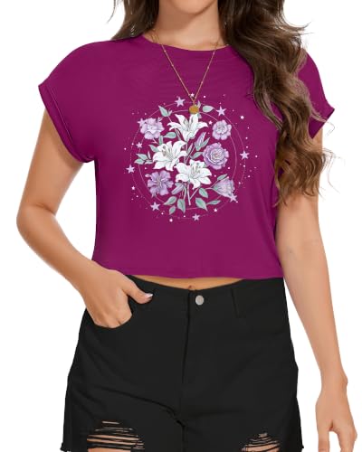 Image of Womens Crop Tops Summer Roll Cap Sleeve Cropped Tshirt Loose Fit Basic Tees