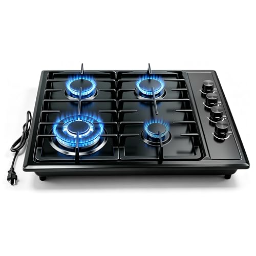 Gas Stove 4 Burner,Propane Cooktop 30 Inch–4 SABAF Sealed Burner Gas Stovetop with 4 ft Cord Plug, Cast Iron Grates & Metal Knobs, 28,300 BTU NG/LPG Convertible, Thermocouple Protection for Kitchen RV