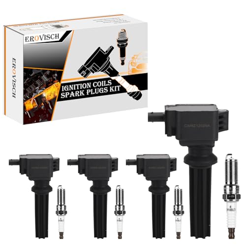 Pack 4 UF670 OEM Ignition Coil & Spark Plug - Compatible with Ford EcoSport Edge Escape Focus Explorer Fusion Mustang Taurus Lincoln MKC MKT MKZ - L4 2.0L 2.3L 2.5L - Replaces # CM5Z12029A, GN10621