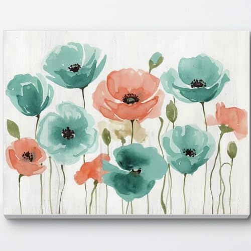 Genius Decor - Watercolor Poppies Flowers in Teal and Coral