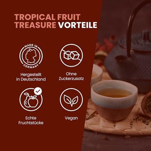 fitvia Tropical Fruit Treasure 100 g – loser Schwarzer Tee mit Mango und Papaya, exotische Fruchtstücke, ohne Zuckerzusatz, ohne Stevia, aromatischer Schwarztee für tropischen Genuss
