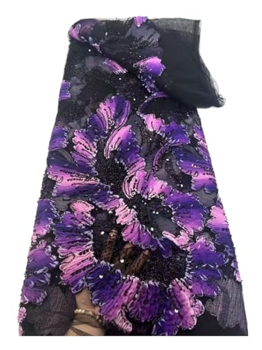 Tissu broderie florale haute couture violet pour robe de mariée perles lourdes