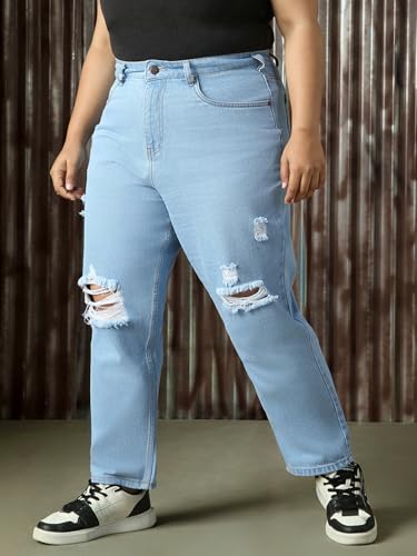 Image of High Star Plus Size Women Cotton Washed Mom Fit High-Rise Jeans