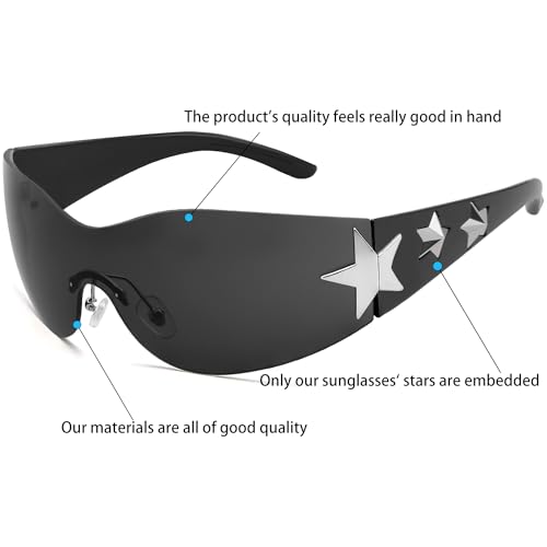 Rimless Y2K Sunglasses Star Wrap Around Glasses 2000S Accessories for Women Men Trendy Fashion Cool Shield Shades2
