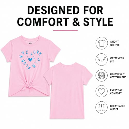 Image of DKNY Girls Shirts - Lightweight Cotton Blend Short Sleeve Crewneck Graphic Tee Cute Tops - Casual Trendy Girls Summer Clothes