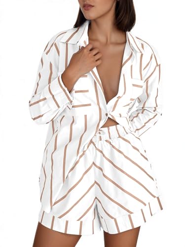 Image of Tankaneo Womens Striped 2 Piece Outfits Button Down Shirts and Shorts Lounge Matching Sets