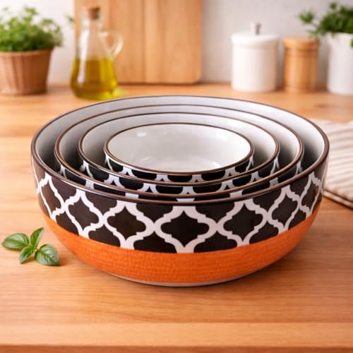 Image of Ceramic Mixing Bowl Set - 4 Pieces (1500ml, 800ml, 600ml, 400ml), Red Chidi - Durable, Microwave & Dishwasher Safe - Ideal for Mixing, Serving & Storage