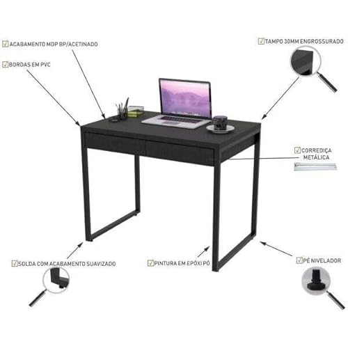 Mesa para Escritório 90cm 2 Gavetas Kuadra Compace Preto Onix